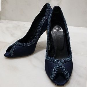 Carlo Fellini Blue Beaded Peeptoe Heels 5.5